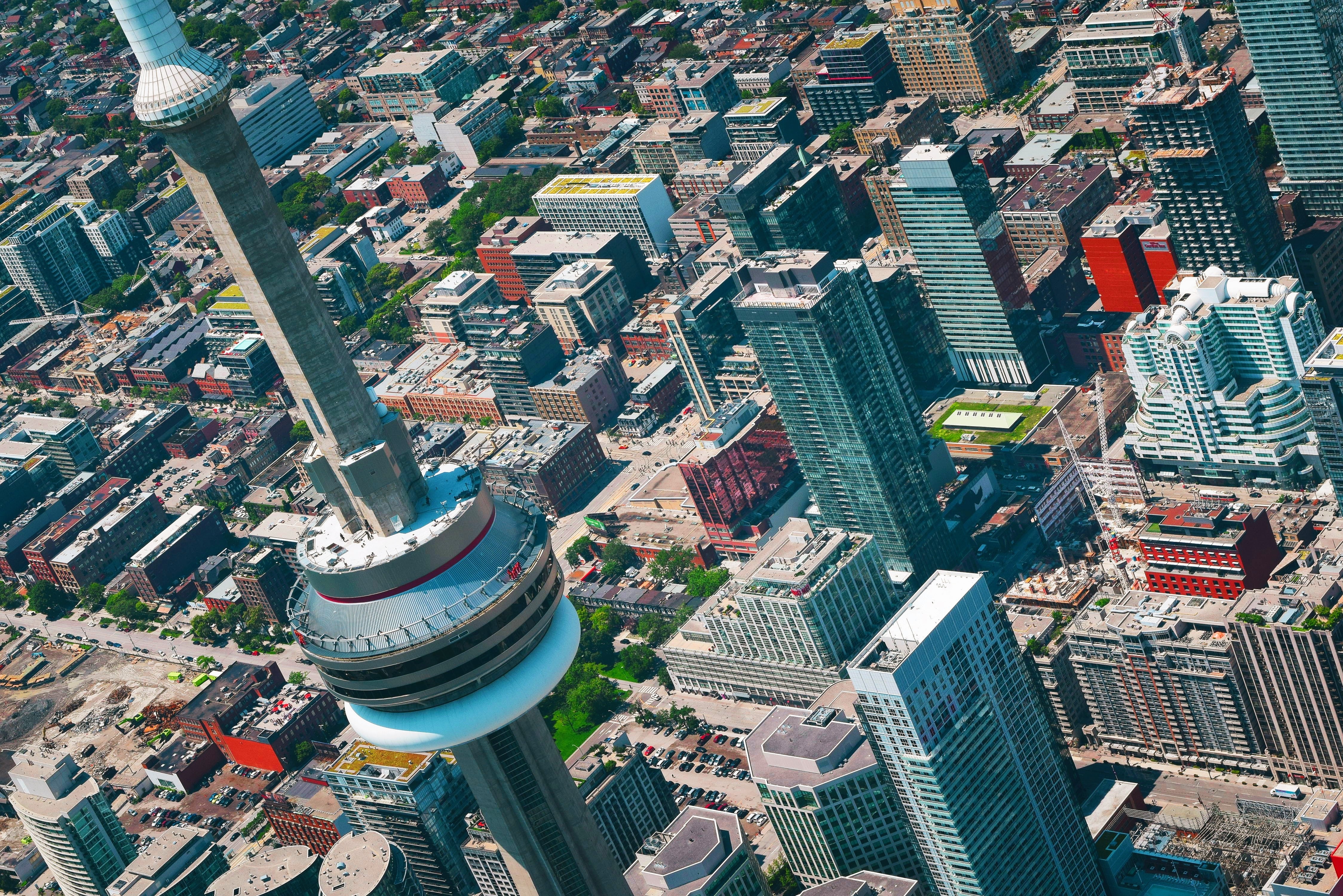 Overhead view of the CN Tower and Downtown Toronto